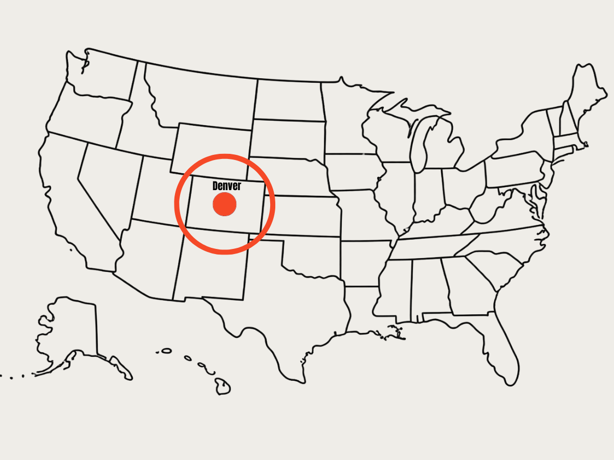 Map of the continental United States with Denver at the center